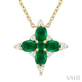 4x3 MM Oval Cut & 2 MM Princess Cut Emerald and 1/10 Ctw Round Cut Diamond Floral Design Pendant With Chain in 14K Yellow Gold